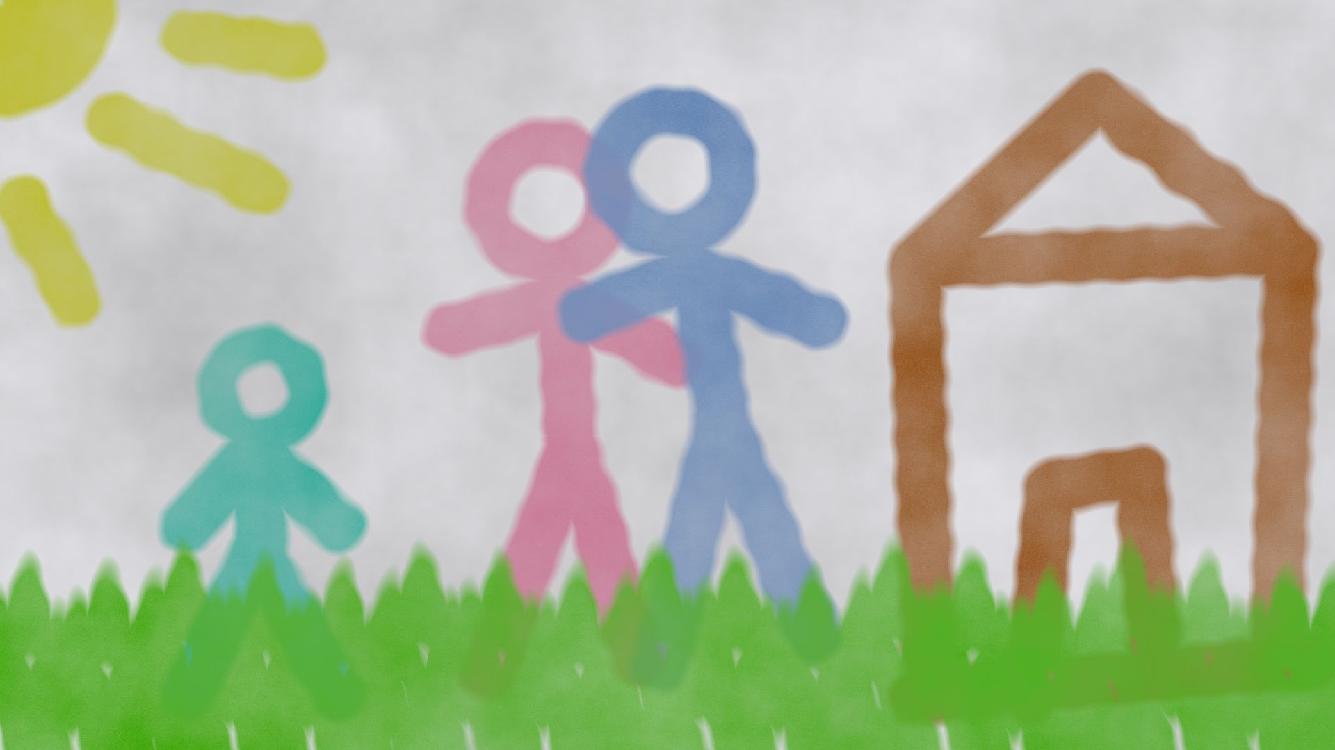 A child's hand painted watercolour image, featuring the child outside a house with parents, along with grass and the sun
