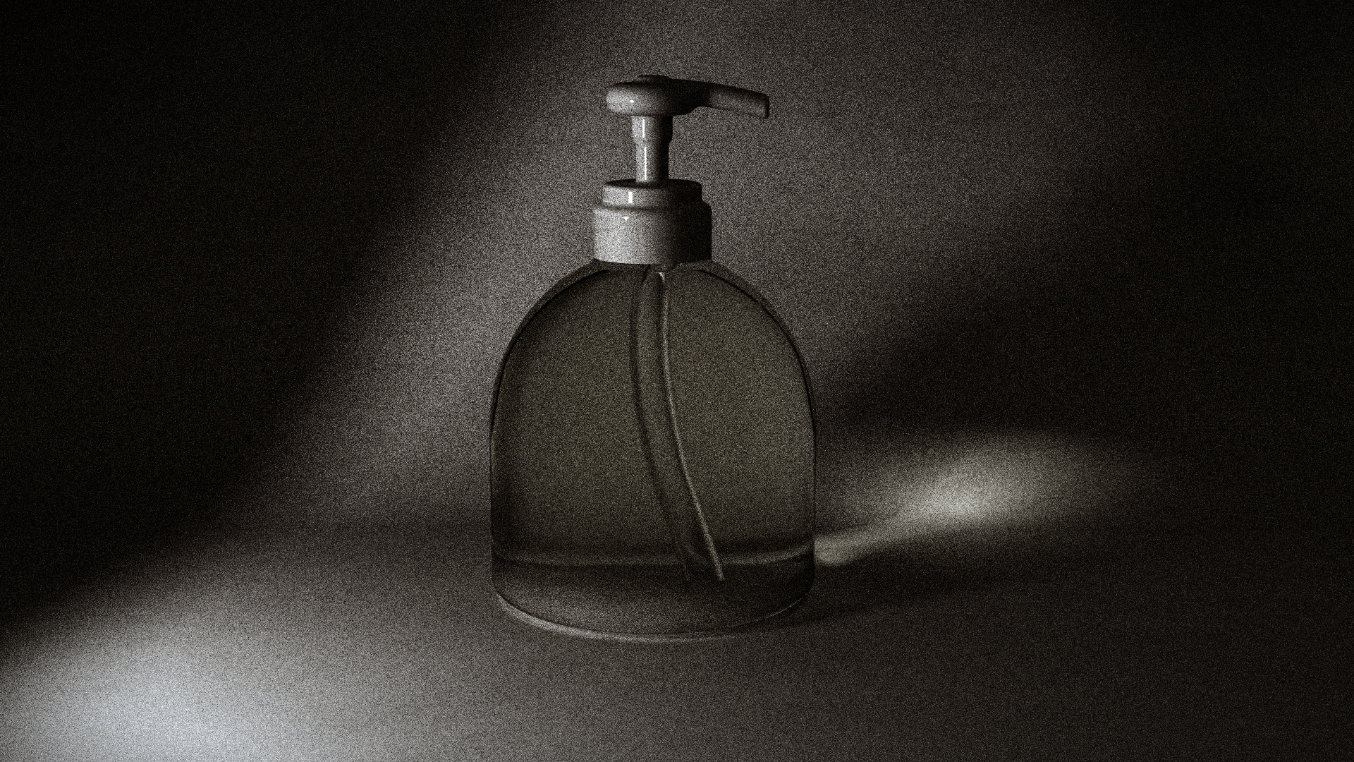 A nearly black-and-white render of a hand sanitiser bottle on a white backdrop